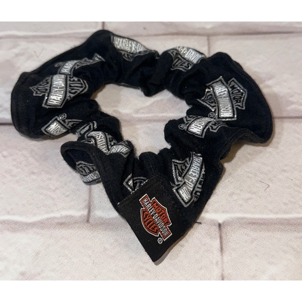 Harley Davidson Black Silver Glitter Shield Logo Print Jersey Hair Scrunchie